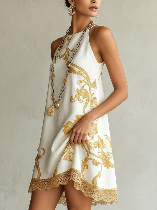 HÉLOÏSE | VESTIDO CORTO DE ENCAJE BLANCO CON MOTIVOS DORADOS
