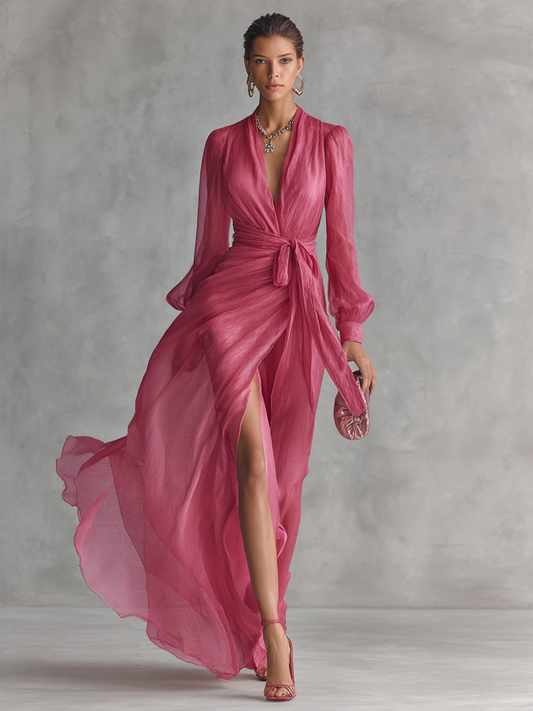 MAYLIS | VESTIDO LARGO DE GASA ROSA CON CUELLO EN V