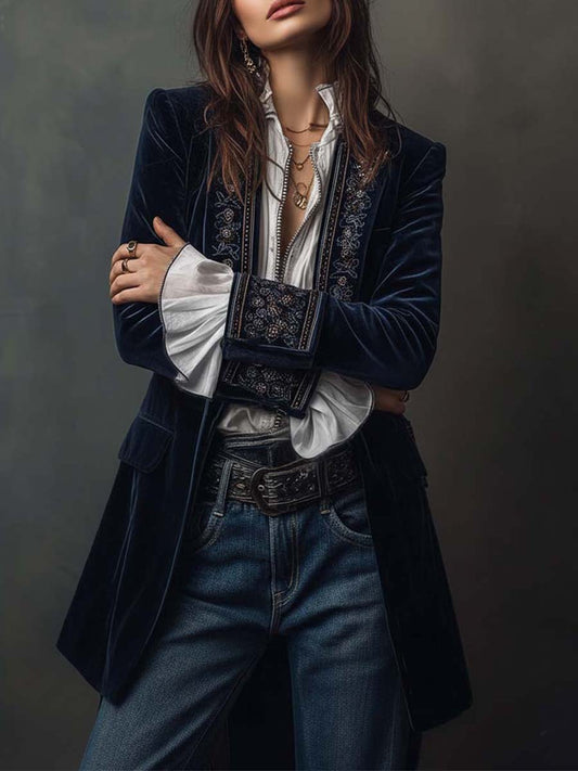 ATHÉNAÏS | CHAQUETA LARGA VINTAGE BORDADA EN AZUL MARINO
