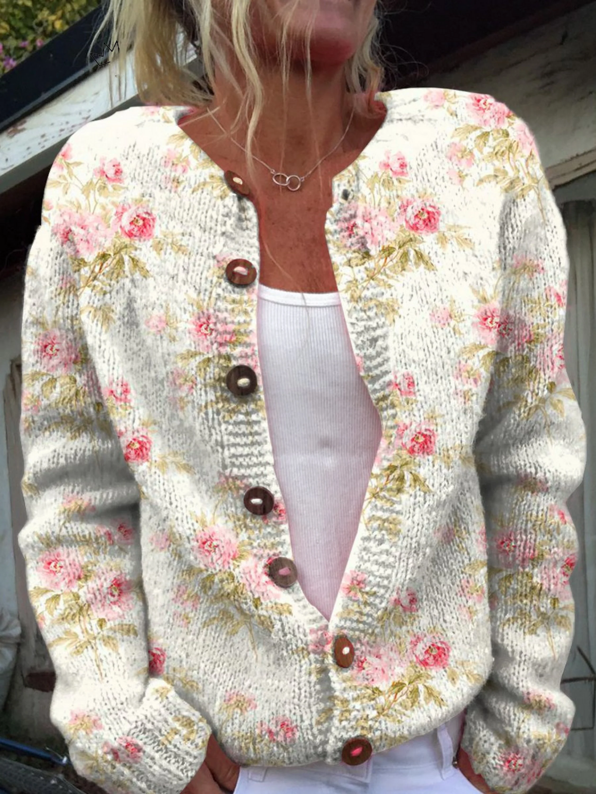 CÁRDIGAN ABOTONADO CON ESTAMPADO DE FLORES Y HOJAS