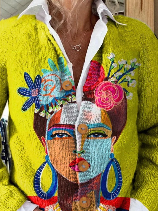 CÁRDIGAN ABOTONADO CON ESTAMPADO ARTÍSTICO DE RETRATO
