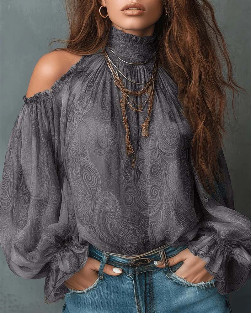 BLUSA ESTAMPADA HOMBROS DESCUBIERTOS CUELLO MANDARÍN