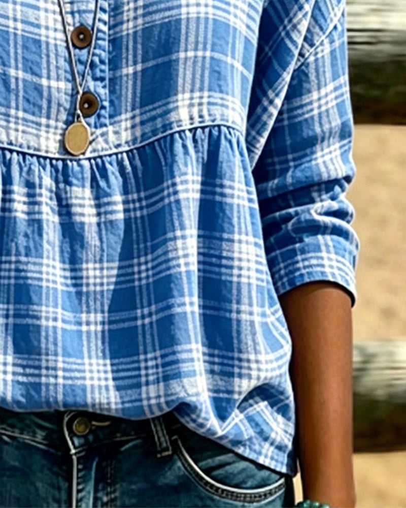 BLUSA VINTAGE CUADROS CUELLO DE V