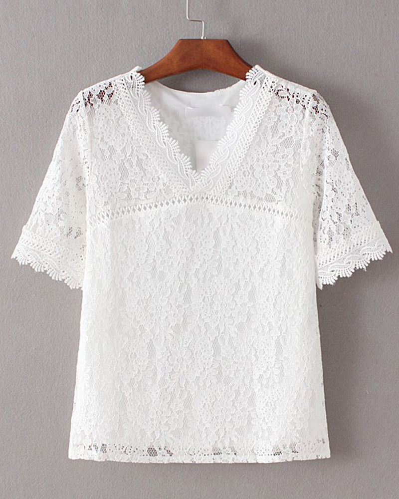 BLUSA LISO MANGA CORTA DE ENCAJE