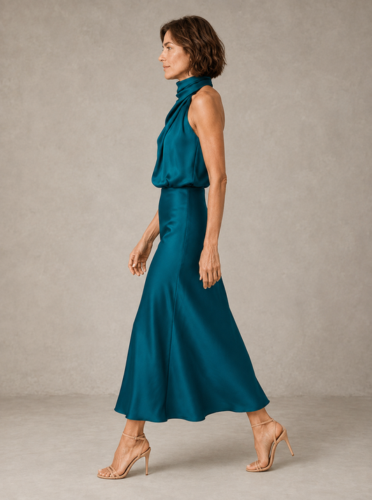 HARPER | VESTIDO DE NOCHE DE SATÉN CON CUELLO HALTER