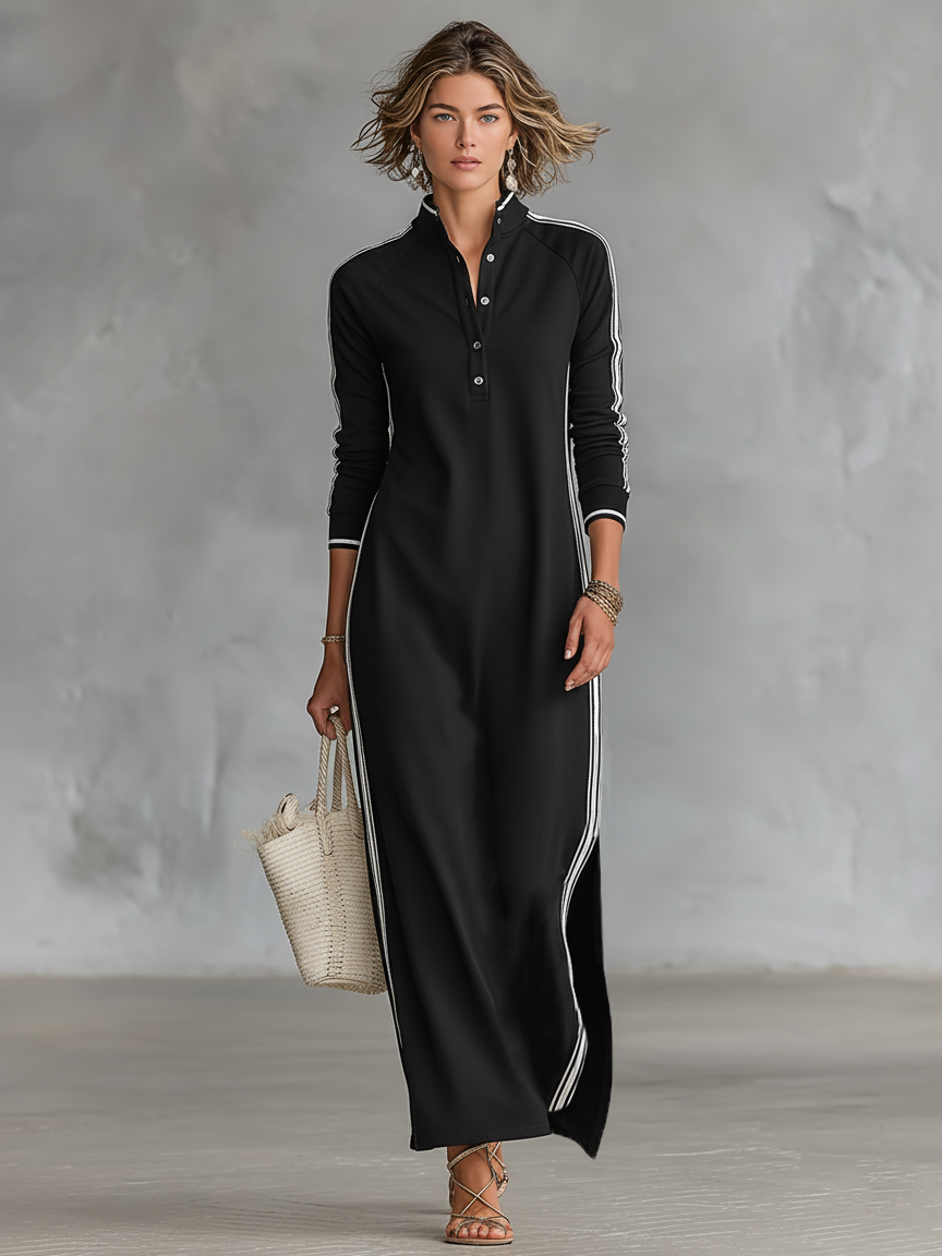LAURE | VESTIDO LARGO DE FELPA CON CUELLO ABOTONADO Y BAJO BLANCO
