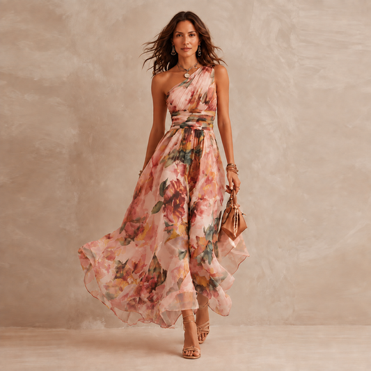 CELESTE | VESTIDO LARGO FLORAL DE UN HOMBRO