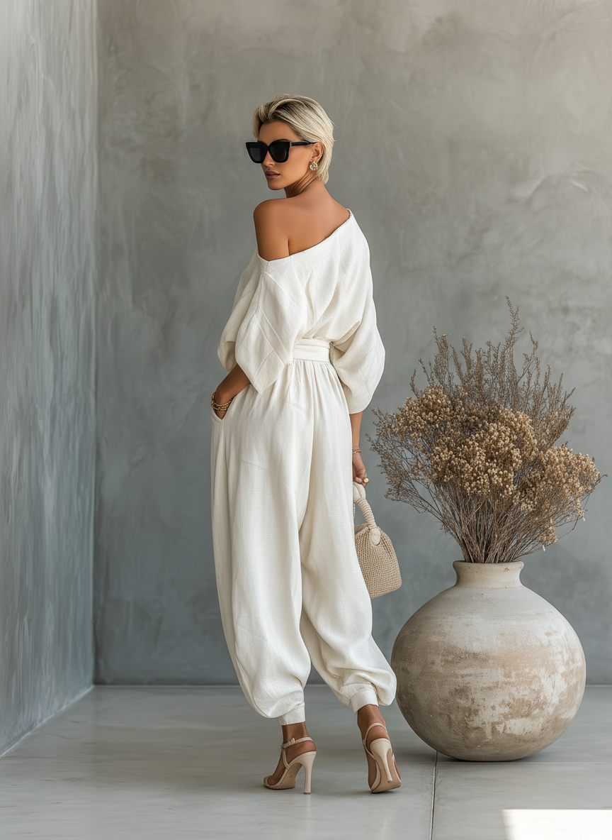 ELSA | CONJUNTO DE LINO BLANCO ROTO CON HOMBROS DESCUBIERTOS Y PANTALÓN