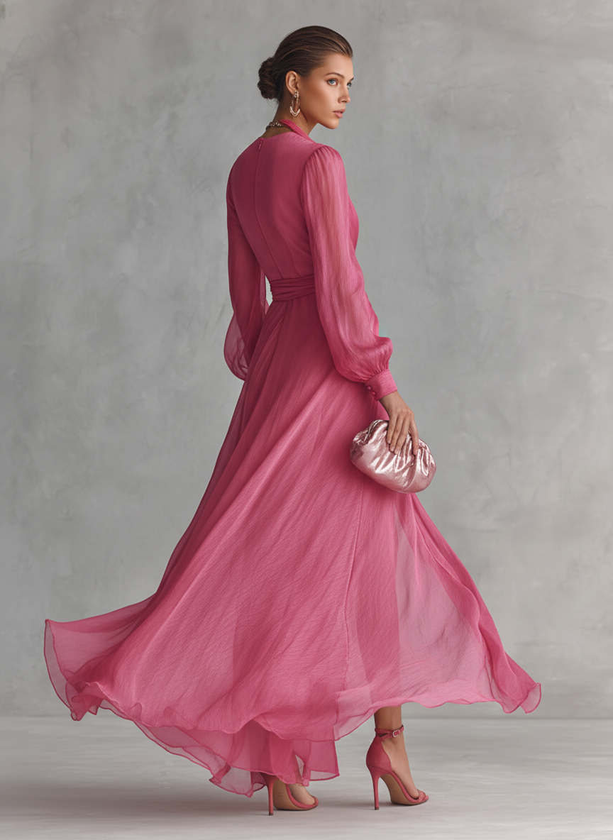 MAYLIS | VESTIDO LARGO DE GASA ROSA CON CUELLO EN V