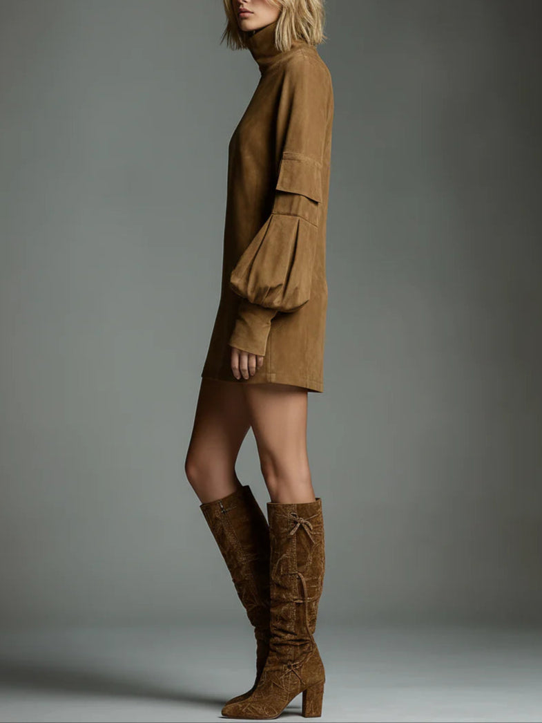 ROMY | VESTIDO CORTO VINTAGE DE ANTE SINTÉTICO CON CUELLO ALTO