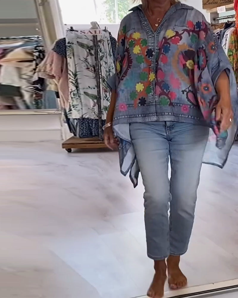 BLUSA ESTAMPADO ASIMÉTRICO FALSO DENIM