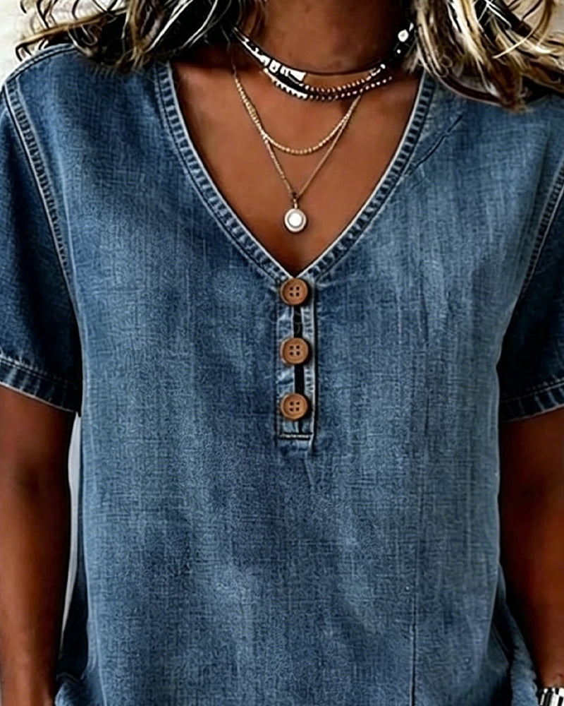 BLUSA DE DENIM CON CUELLO DE V CON ABERTURA