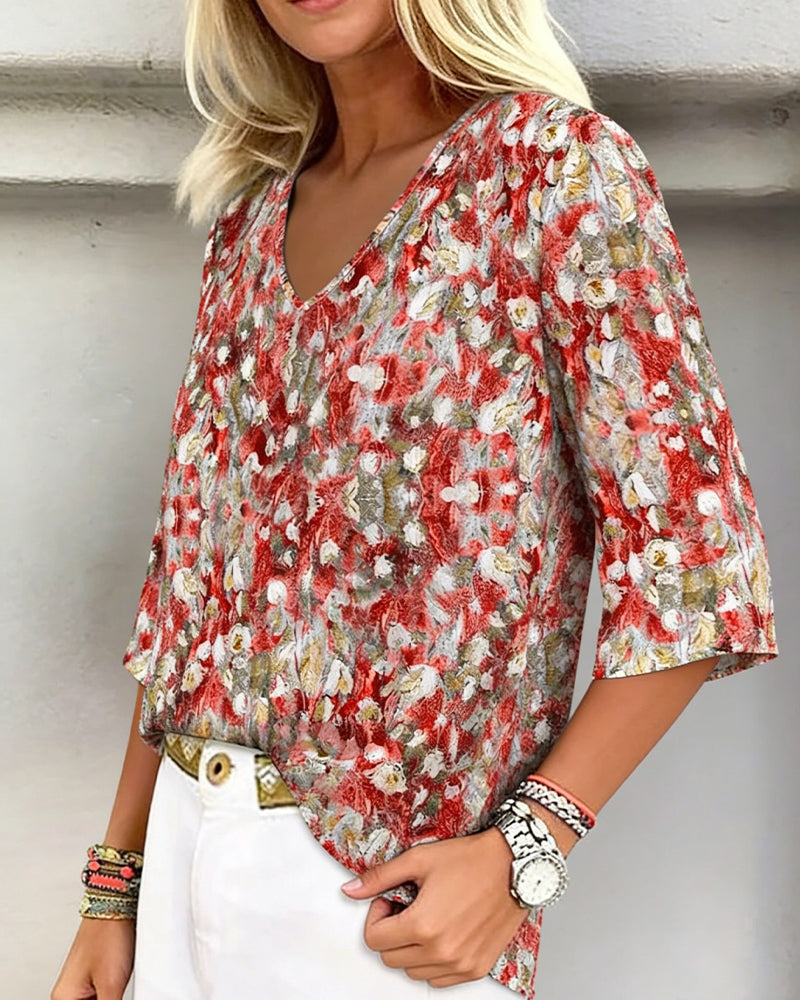 BLUSA ESTAMPADO FLORAL CUELLO DE V MANGA TRES CUARTOS