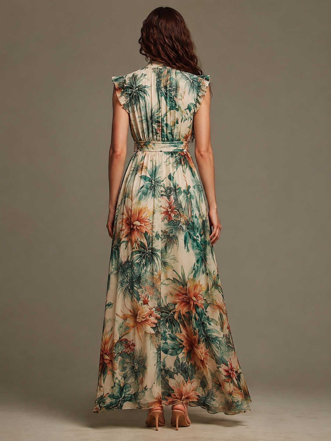 GRACE | VESTIDO LARGO DE CHIFÓN CON ESTAMPADO TROPICAL