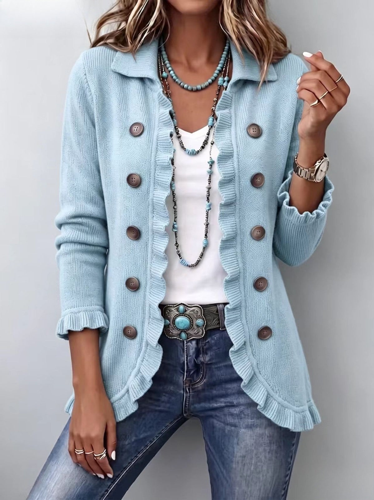CECILIA | CHAQUETA DE PUNTO AZUL EMPOLVADO CON VOLANTES