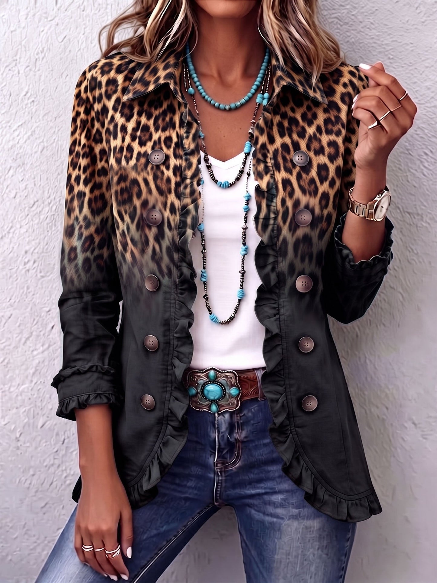 SABINA | CHAQUETA BLAZER LEOPARDO NEGRO CON VOLANTES