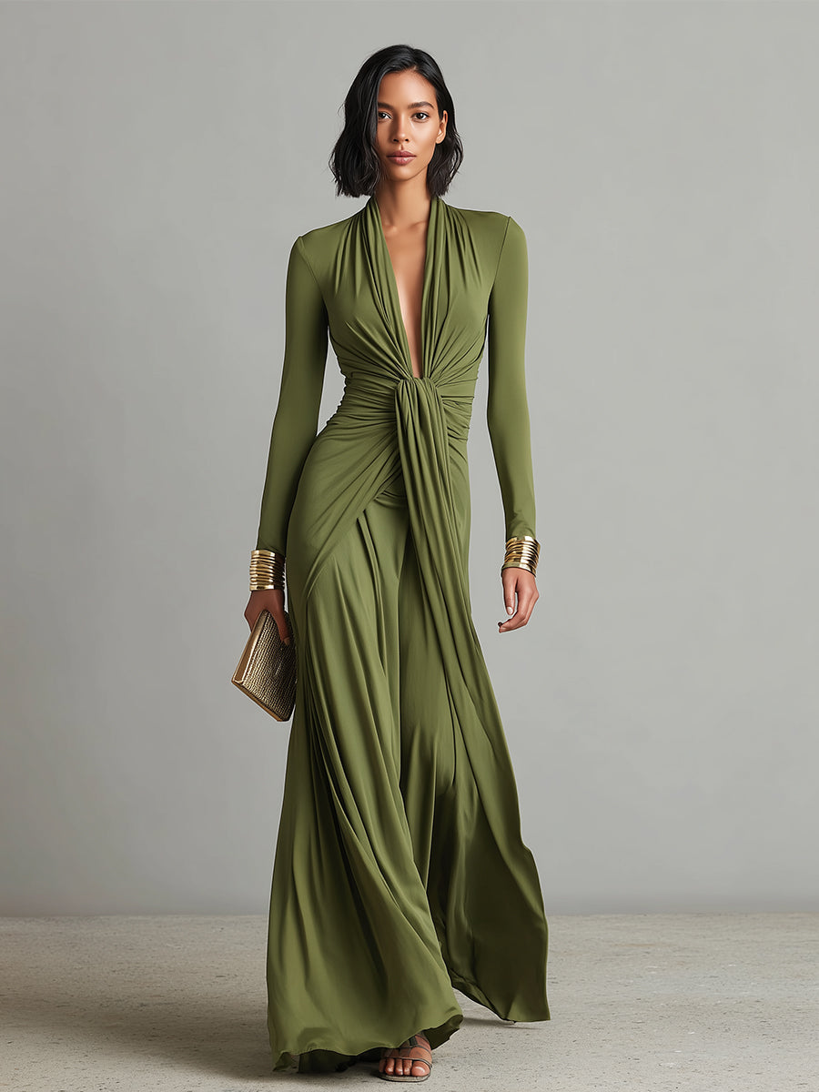 SOLÈNE | VESTIDO LARGO DE SEDA VERDE OLIVA CON ESCOTE EN V PROFUNDO