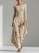 DELPHINE | CONJUNTO DE TOP BEIGE CON ESCOTE BARCO Y PANTALÓN ANCHO DE VOLANTES