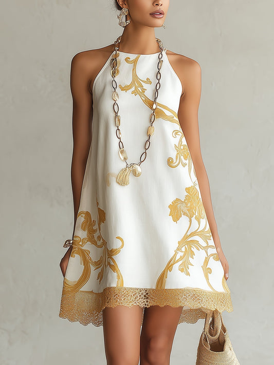 HÉLOÏSE | VESTIDO CORTO DE ENCAJE BLANCO CON MOTIVOS DORADOS