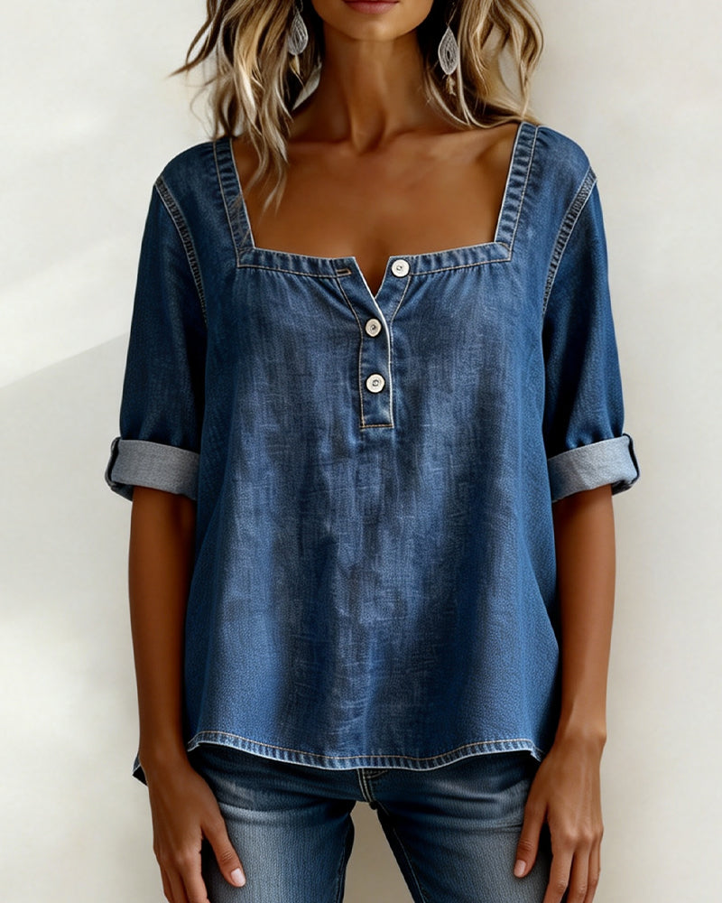 CAMISA ESCOTE CUADRADO DENIM MEDIO-MANGA