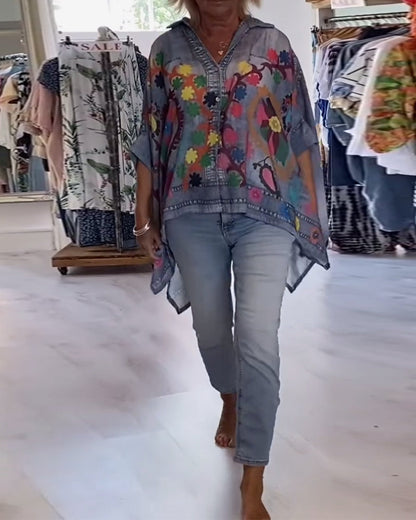 BLUSA ESTAMPADO ASIMÉTRICO FALSO DENIM
