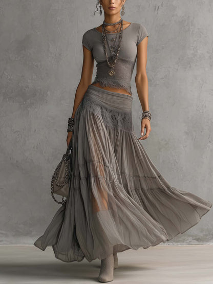 MONICA | CONJUNTO DE TOP GRIS CON ENCAJE Y FALDA LARGA PLISADA