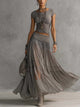 MONICA | CONJUNTO DE TOP GRIS CON ENCAJE Y FALDA LARGA PLISADA