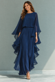 CLARISSE | CONJUNTO DE GASA AZUL MARINO CON MANGAS ACAMPANADAS Y PANTALÓN CON VOLANTES