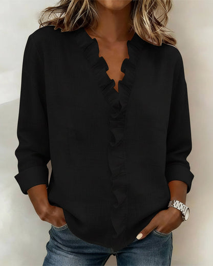 BLUSA FRUNCIDO CUELLO DE V MANGA LARGA
