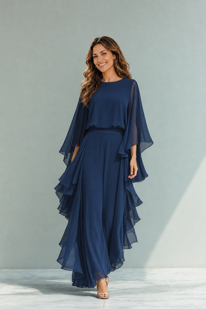CLARISSE | CONJUNTO DE GASA AZUL MARINO CON MANGAS ACAMPANADAS Y PANTALÓN CON VOLANTES