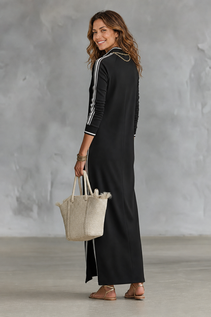 LAURE | VESTIDO LARGO DE FELPA CON CUELLO ABOTONADO Y BAJO BLANCO
