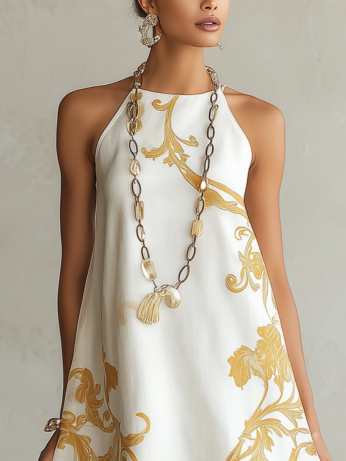 HÉLOÏSE | VESTIDO CORTO DE ENCAJE BLANCO CON MOTIVOS DORADOS