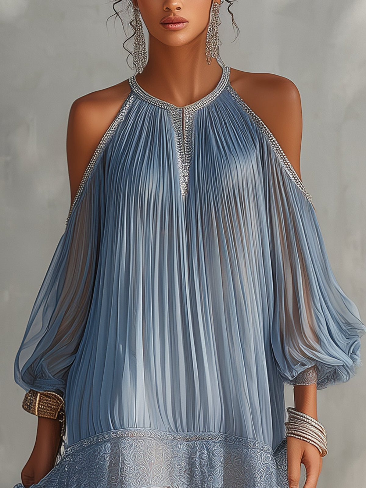 CÉLESTE | VESTIDO CORTO AZUL DE HOMBROS DESCUBIERTOS, FRUNCIDO Y CON ENCAJE EN EL BAJO