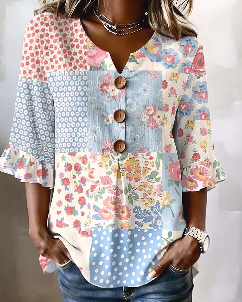 BLUSA MANGA CORTA ESTAMPADO FLORAL PATCHWORK