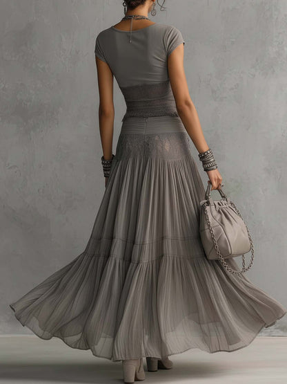MONICA | CONJUNTO DE TOP GRIS CON ENCAJE Y FALDA LARGA PLISADA