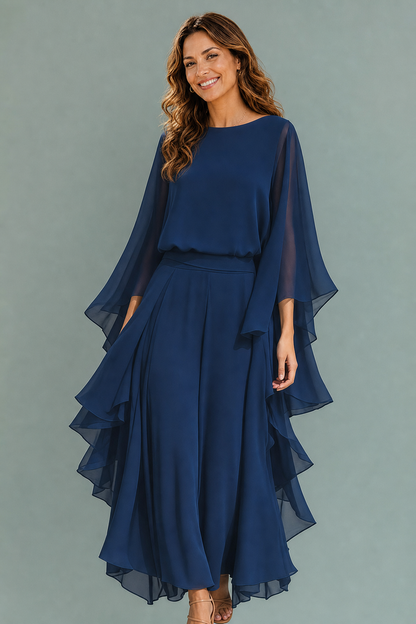 CLARISSE | CONJUNTO DE GASA AZUL MARINO CON MANGAS ACAMPANADAS Y PANTALÓN CON VOLANTES