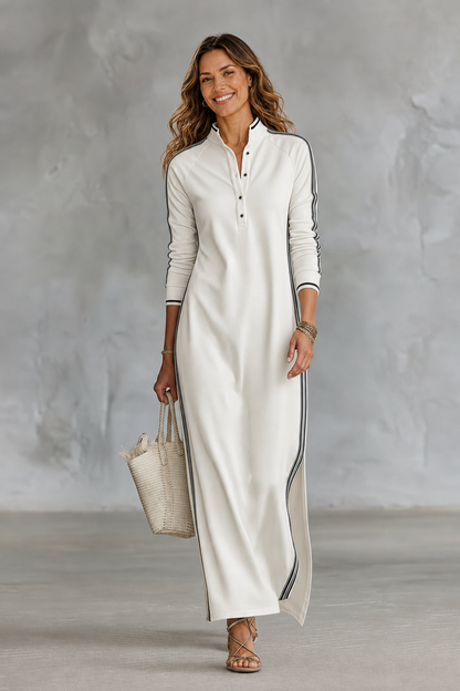 LAURE | VESTIDO LARGO DE FELPA CON CUELLO ABOTONADO Y BAJO BLANCO