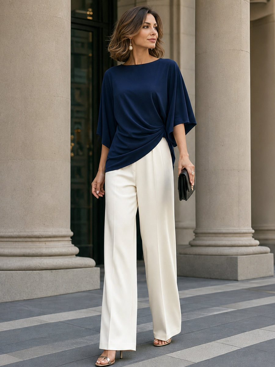 GABRIELLA | CONJUNTO DE BLUSA DRAPEADA Y PANTALONES ANCHOS