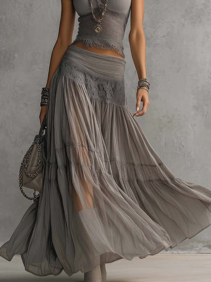 MONICA | CONJUNTO DE TOP GRIS CON ENCAJE Y FALDA LARGA PLISADA