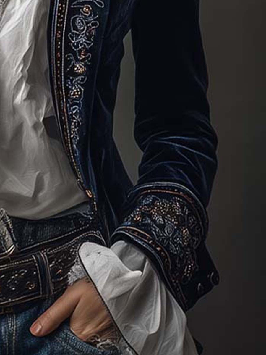 ATHÉNAÏS | CHAQUETA LARGA VINTAGE BORDADA EN AZUL MARINO