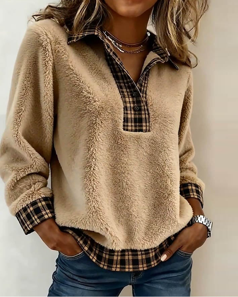 TOP CUELLO CON CUADROS PATCHWORK COLOR LISO