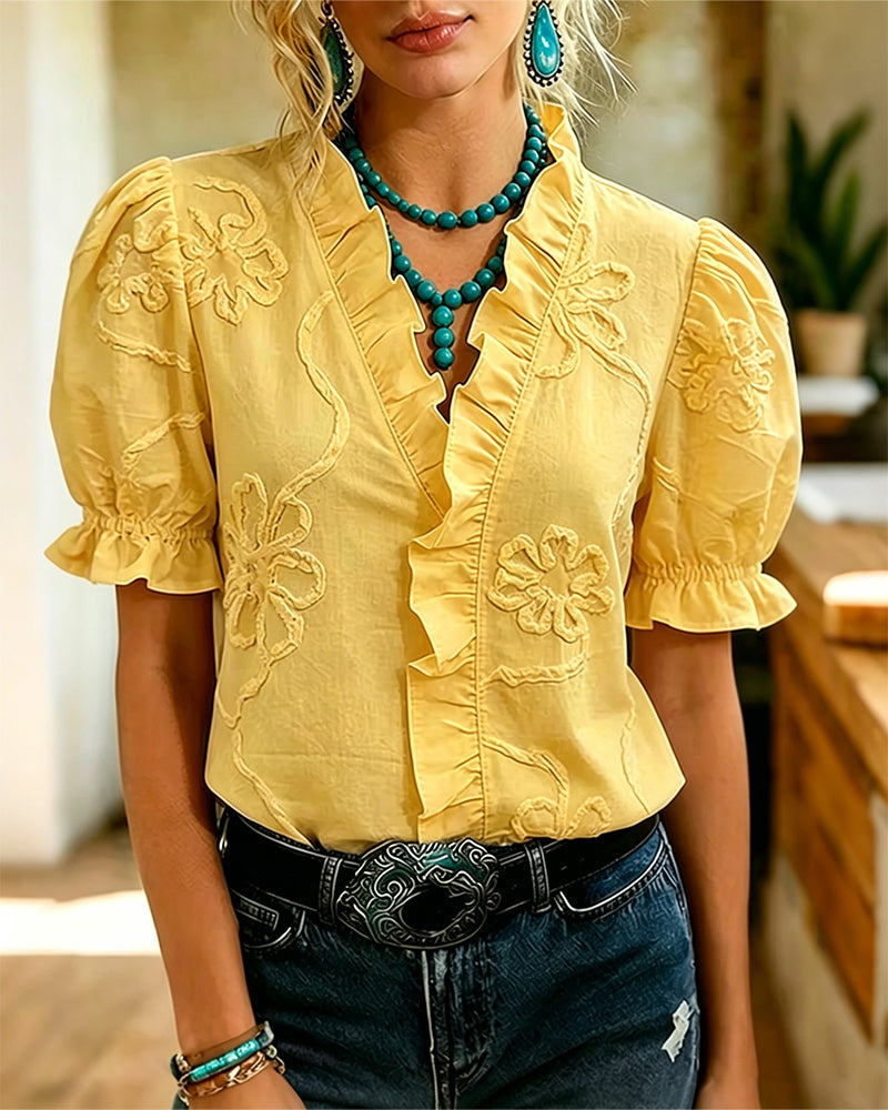 BLUSA CUELLO DE V BORDE CON VOLANTES MANGA ABULLONADA