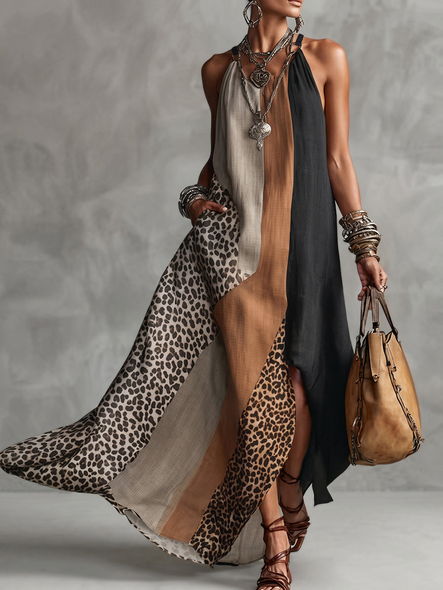 LUCIA | VESTIDO LARGO HALTER CON ESTAMPADO DE LEOPARDO Y DETALLES ASIMÉTRICOS