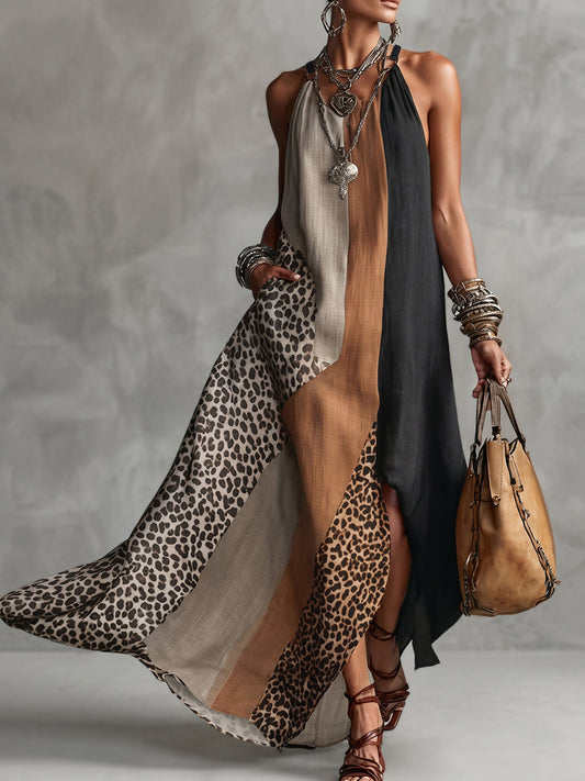 LUCIA | VESTIDO LARGO HALTER CON ESTAMPADO DE LEOPARDO Y DETALLES ASIMÉTRICOS