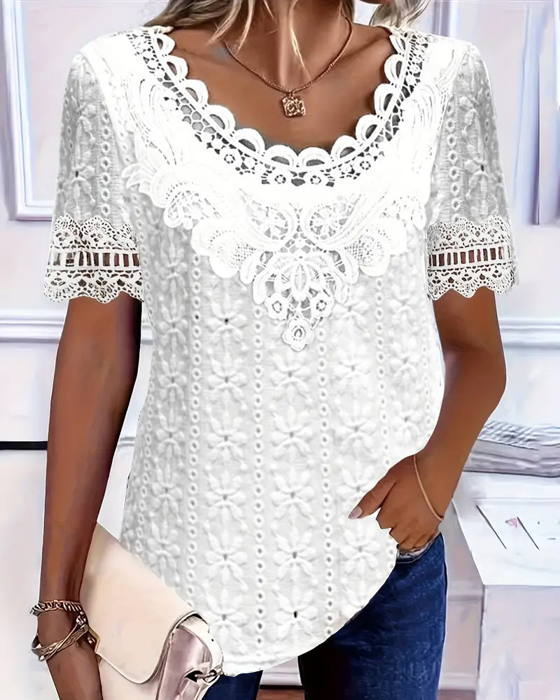 BLUSA CUELLO REDONDO ENCAJE CROCHÉ MANGA CORTA