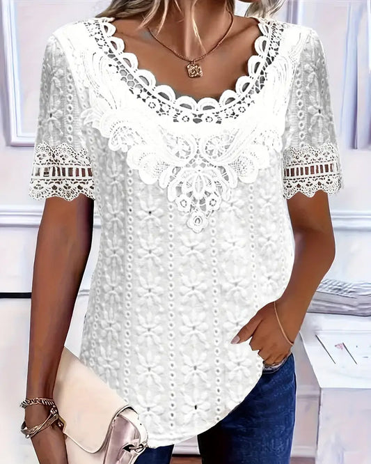BLUSA CUELLO REDONDO ENCAJE CROCHÉ MANGA CORTA