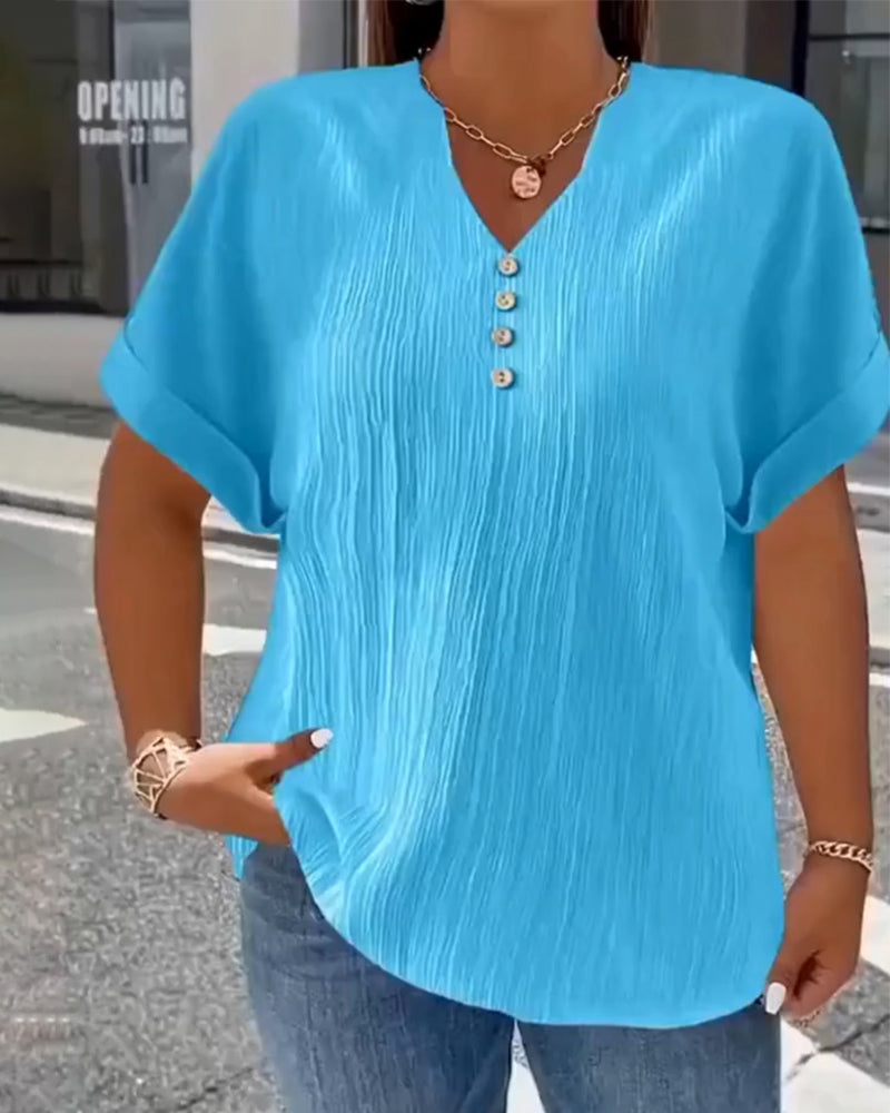 100% ALGODÓN CAMISETA CUELLO DE V ANCHO TEXTURIZADO