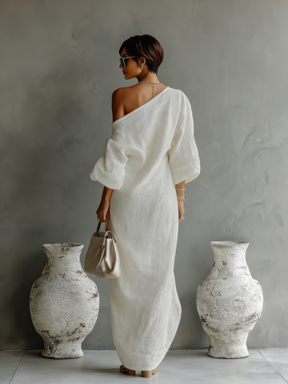 ISAURE | VESTIDO FLUIDO DE LINO CON HOMBROS DESCUBIERTOS
