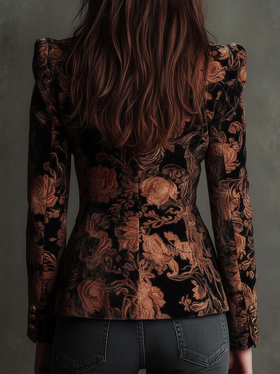 BERTILLE | BLAZER DE SASTRERÍA CON ESTAMPADO FLORAL NEGRO Y BRONCE