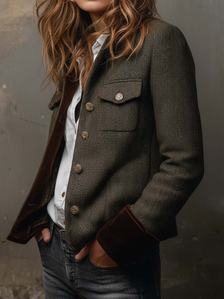 HONORINE | BLAZER VINTAGE DE ESPIGA CON RIBETES EN CONTRASTE